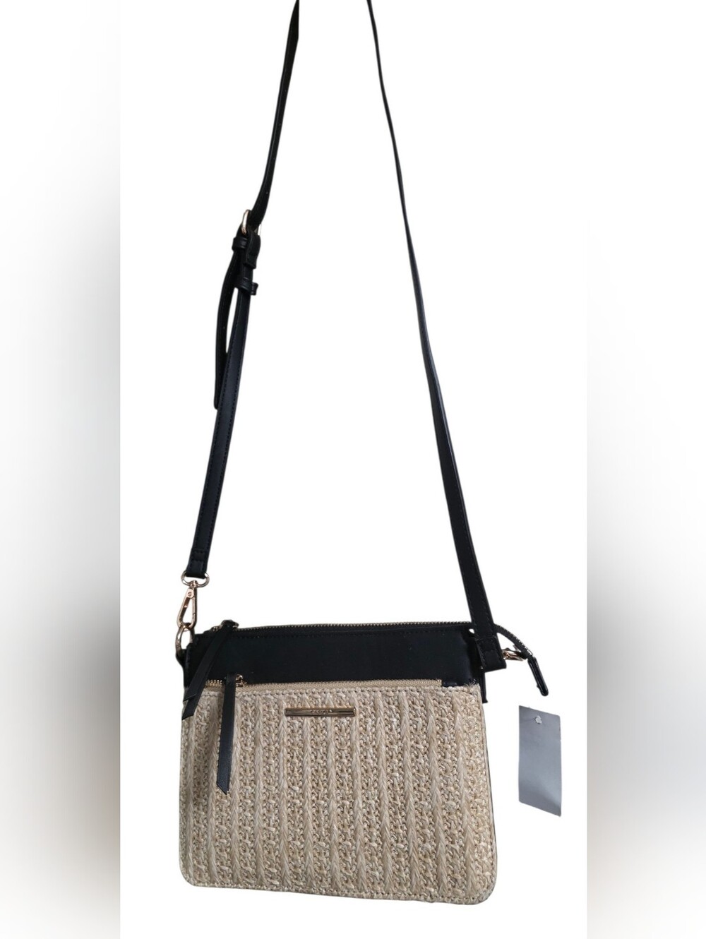 Aldo Black and Natural Straw Crossbody Shoulder Bag